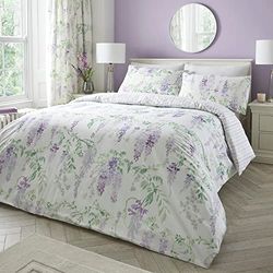Dreams & Drapes - Housse de Couette Wisteria Florale Violette - 200 x 200 cm - 2 taies d'oreiller - Réversible (Rayure Violette) - Entretien Facile - Housse de Couette à Fleurs de Couleur Lilas
