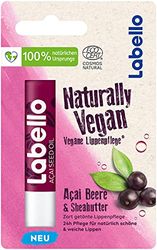 Labello Naturally Vegan Acai Berry (4,8 g), cuidado de labios teñido delicado para labios naturalmente hermosos y suaves, bálsamo labial con manteca de karité y aceite de bayas de azai