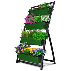 Vaso da giardino rialzato da 1,2 m, verticale, autoportante, con 4 contenitori, ideale per patio, balcone, interni ed esterni, drenaggio dell'acqua a cascata (confezione da 1 felcia/verde foresta)