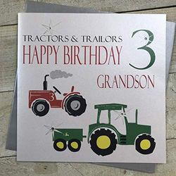WHITE COTTON CARDS-Grande, trattori e i trattori Trailors Grandson Happy Birthday 3 "Biglietto d'auguri Realizzato a Mano, Motivo: 3