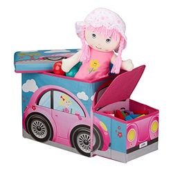 Relaxdays Tabouret Coffre boîte à Jouets Couvercle Pouf Enfant Pliable Auto 50 litres, Voiture Rose, Polyester, Pink Car, 33 x 27 x 56 cm