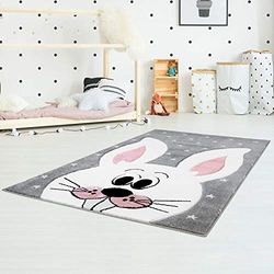 carpet city Alfombra Infantil de Pelo Plano Bueno con Conejo, Estrellas en Gris y Rosa, con Corte de Contorno para habitación Infantil, tamaño: 140 x 200 cm, 140 x 200 cm