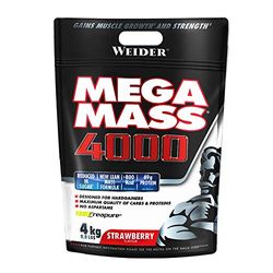 Weider Mega Mass 4000 (4kg) Strawberry Flavour, Mass Gainer with High Content of Carbohydrate and Protein Blend, for Energy and Muscle Mass