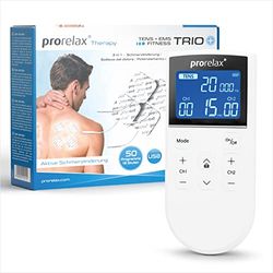 prorelax TENS/EMS Trio+ | Aparato de electroestimulación a pilas | 3 terapias - TENS, EMS, FITNESS | Para relajación, tonificación muscular, alivio del dolor | 50 programas | 16 niveles de intensidad