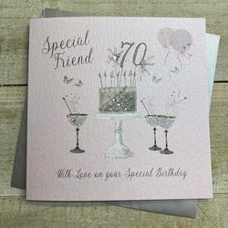 White Cotton Cards Happy 70th Birthday Card Special Friend Champagne Glasses Pink Roses SS42-SF70, 16cm x 16cm