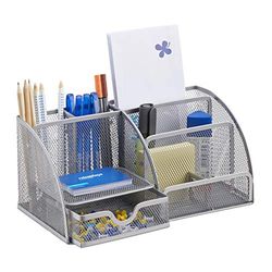 Relaxdays Organizador de mesa de malha com 6 compartimentos, metal, prateado, 12,5 x 27,5 x 14 cm