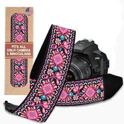 Art Tribute Pink Woven Camera Strap For All DSLR and SLR Camera, Embroidered Elegant Universal Neck & Shoulder Strap, BOHO Pattern. Best Gift for Photographers