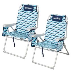 AKTIVE Zestaw 2 krzeseł plażowych XL, aluminium i poliester, oparcie 5 pozycji, zabezpieczenie przed przewróceniem, uchwyty plecak, kieszenie, kolor niebieski, model Aruba (62416)