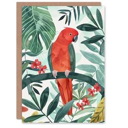 Artery8 Greeting Card Red Parakeet Bird in Tropical Jungle Watercolour Blank For Him Or Her Art Birthday Card