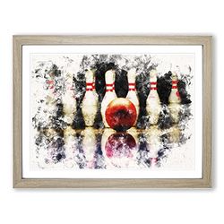 Ten Pin Bowling Watercolour Modern Framed Wall Art Print, Ready to Hang Picture for Living Room Bedroom Home Office Décor, Oak A3 (46 x 34 cm)