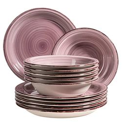 MÄSER 931951 Bel Tempo II Lot de 12 assiettes en faïence peintes à la main pour 6 personnes au look vintage moderne Couleur framboise Violet