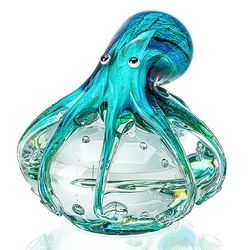 QFkris QF Handgemaakte Octopus Geblazen Glas Beeldje Cadeau voor Kerstmis, Verjaardag Home Decor Blauw-Groen Papier Gewicht
