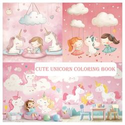 Cute unicorn coloring book: with hand drawn pattern, pink background, white clouds and heart shape. style cartoon design, perfect for kids wallpaper. ... a mural. This design is for kids furniture