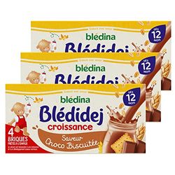 Blédina Blédidej Croissance, Céréales bébé Lactées Saveur Choco Biscuitée, Dès 12 Mois, 250ml (3x4 briques)