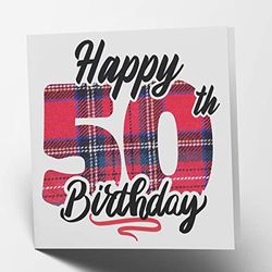 Maturi Happy 50th Birthday Tartan Greetings Card - Blank Inside, 15.5 x 15.5 cm Square