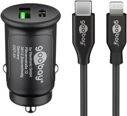 goobay 72166 Kompakt 27 W USB C-tändare Distributör/12 V/Kompakt Billaddare/USB C Power Delivery/Snabbladdning Inklusive Lightning-kabel