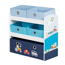 roba Étagère pour Jouets Enfant en Bois Rennfahrer - 5 Paniers en Tissu Amovibles - Meuble de Rangement pour les Jouets - 64 x 30 x 60 cm - Motif Véhicules de Transport - Bleu