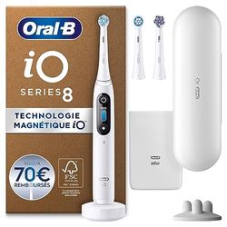 Oral-B iO Series 8 Plus Edition Brosse à dents électrique + 3 brosses à dents aimantées, Cadeau Fêtes des Pères,6 modes de nettoyage,emballage recyclable, Blanc