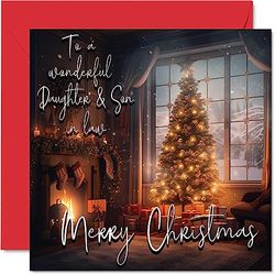 Stuff4 Tarjeta tradicional de Feliz Navidad – Feliz Navidad para hija y yerno – Tarjeta de Navidad feliz Navidad para nuera y yerno de la familia, 145 mm x 145 mm, tarjetas de felicitación de Navidad