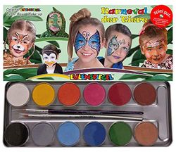 Eulenspiegel 212226 - Paleta de metal carnaval dos animais, 12 cores de maquilhagem profissional aqua, 2 pincéis profissionais, 3 almofadas de esponja