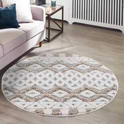 carpet city Tappeto a pelo lungo, 120 x 120 cm, rotondo, effetto scandi, etnico, a pelo lungo, effetto 3D, morbido, per soggiorno, camera da letto, camera da letto