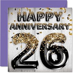 Awesome 26th Anniversary Card for Husband Boyfriend Wife Girlfriend - Black Gold Glitter Balloons - Happy 26 Anniversary Cards from Family, 145mm Greeting Cards for Anniversaries