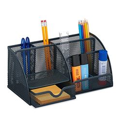 Relaxdays Organiseur de Bureau, métal, Porte-stylos, Blocs-Notes, tiroir, Design Maille, HxLxP : 13x28x14 cm, Anthracite