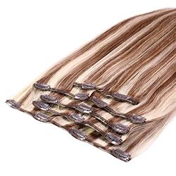 h2h Premium Clip-In Extensions Made of Remy Real Hair 7-Piece 100 g Set Straight 40 cm Colour P6/60 Highlighted Light Brown