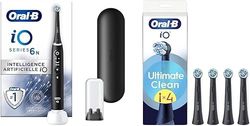 Oral-B Pack Brosse A Dents Electrique iO6, Brossettes Ultimate Clean, ORIGINALES, Lot De Manche Oral B Noir avec 1 Embout Rond Et 5 Modes Avec Douceur, 4 Têtes De Recharge, Brossage En Profondeur