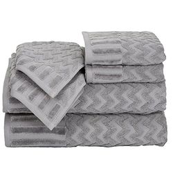 Lavish Home Deluxe 6-Piece 100% Cotton Plush Bath Towel Set - Includes 2 Body, 2 Hand, and 2 Chevron Patterned Face Towels (Silver)
