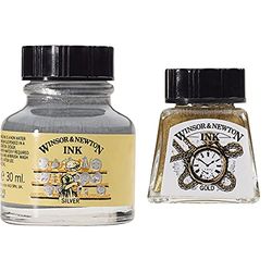 Winsor and Newton Drawing Ink 30ml 617 Silver (945) (Bttl) and 14ml Drawing Ink Bottle - Gold