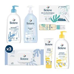 BIOLANE - Kit Naissance Premiers jours - Bébé - 216 Lingettes - Eau pure - Gel Lavant - Liniment - Serum physiologique - Crème change - Coffret Bébé - Peaux Sensibles - Fabriqué en France