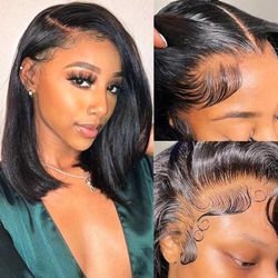 Hihmarm Perruque de cheveux humains pré-épilés sans colle pour femme noire Densité 180 Noir 33 x 10 cm