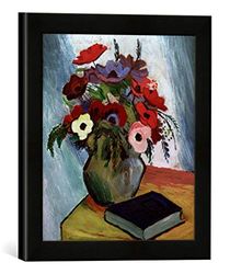 Ingelijste foto van August Macke "Stilleven met anemonen en blauw boek", kunstdruk in hoogwaardige handgemaakte fotolijst, 30x30 cm, mat zwart