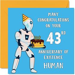 Funny 43rd Birthday Cards for Men Woman - Robot Droid - Happy Birthday Card for Dad Mum Brother Sister Grandad Nanny Grandma Uncle Auntie, 145mm Joke Humour Banter Greeting Cards