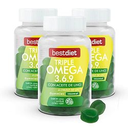 BestDiet - Gummies Triple Omega 3, 6 y 9 - Complemento alimenticio Vegano - formato caramelos de goma - con Pectina y Aceite de Lino - beneficioso para el Sistema Nervioso – Pack 3 botes de 132gr