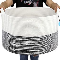 Casaphoria XXXGrande - Cesta de cuerda de algodón de 21.7 x 21.7 x 13.8 pulgadas, cesta tejida para ropa de bebé, cesta de juguete con asa, edredón de almacenamiento, cojines azul marino