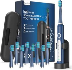 Brosses à Dents Électriques Soniques Adultes avec 8 Têtes - Brosse à Dents Électrique 5 Modes avec étui, IPX7, Brosses à Dents Électriques à Ultrasons pour Voyages en Famille, Bleu Marine