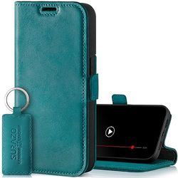 SURAZO Slim magnetische telefoonhoes voor Apple iPhone 15, leren klaphoesje, echt leer, beschermhoes met kaartenvak, RFID-bescherming, flip klaphoes, wallet case, cover, leren hoes (turquoise)