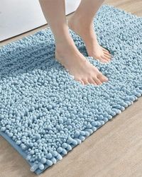 DEXI Tappetino da bagno antiscivolo, assorbente e morbido, in ciniglia, lavabile, per vasca da bagno, WC, doccia, ingresso, 50 x 81 cm, azzurro