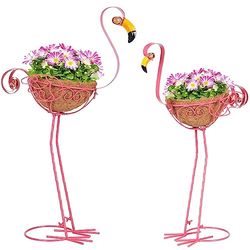 Kikth Uppsättning av 2 flamingo trädgård fågelplanterare, utomhus flamingo gårdsdekoration med korg, rosa flamingo uteplats metallplanterare för trädgård, gård, gräsmatta, uteplats, veranda