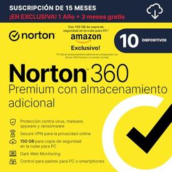 NORTON 360 PREMIUM CON ALMACENAMIENTO EXTRA|Exclusivo Amazon*|75GB mas de Copia de Seguridad en la Nube| 10 Dispositivo | 1 Usuario | 15 Meses | Código de activación enviado por email