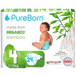 PureBorn Eco Organic Bambusowe pieluchy, Rozmiar 4 (7-12 kg), 24 sztuki, Hipoalergiczne, Ultra miękkie, Ekologiczne, Różne Nadruki, Wskaźnik Wilgotności