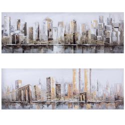 DRW Set van 2 canvasafbeeldingen met stadslandschap, 40% handgeschilderd, 3 x 120 x 40 cm