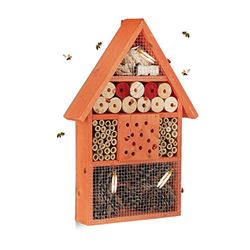 Relaxdays Insectenhotel, nesthulp voor wilde bijen en kevers, decoratie voor balkon, tuin, h x b x d: 40 x 27,5 x 7 cm, hout, oranje