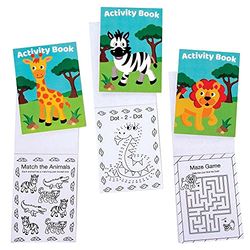 Baker Ross FE541 Jungle Animal Mini Actvity Books - Pack of 12, Includes Puzzles, Stickers, Dot to Dot and Colouring Pages for Kids