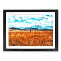 Lone Tree In Montana Painting Modern Art Framed Wall Art Print, Ready to Hang Picture for Living Room Bedroom Home Office Décor, Black A3 (46 x 34 cm)