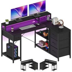 YITAHOME Bureau d'angle réversible en Forme de L avec Port de Charge USB et Prise, avec 4 tiroirs et étagère, Bureau de Jeu avec Support d'écran, 140 x 100 cm, Noir