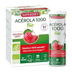 SUPERDIET- ACÉROLA 1000 BIO - Haute concentration en Vitamine C-Réduction de la fatigue-Fabrication Française-24 comprimés à croquer