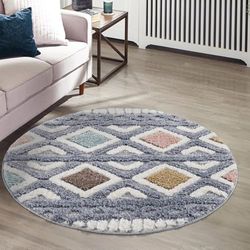 carpet city Tappeto a pelo lungo – 120 x 120 cm rotondo – Boho-Chic Ethno grigio blu Multi, effetto 3D – Tappeto Shaggy, morbido per soggiorno, camera da letto, a pelo lungo